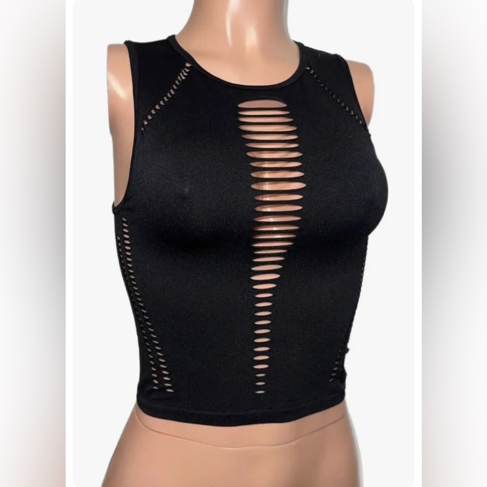 Black Seamless Slim Fit Stretchy Cut Out Slashed Cleavage Top Punk Gothic
